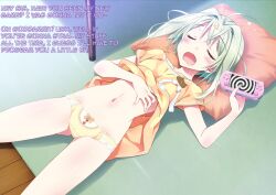  accidental_hypnosis ahoge animated animated_gif breasts drool female_only femsub friends_(aile) green_hair kamiya_maneki manip open_mouth pompom_(manipper) shirt_lift short_hair sleeping small_breasts tech_control text underwear 