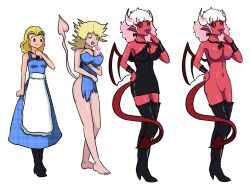 before_and_after blonde_hair boots bottomless breasts demon_girl dress fangs femsub horns housewife idpet monster_girl nude original red_skin succubus tail topless transformation white_hair