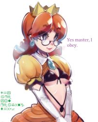  bra breasts crown dialogue erect_nipples female_only femsub gloves humor jewelry large_breasts manip nintendo princess princess_daisy shirt_lift smile super_mario_bros. text underwear wingdings zeldaishot_(manipper) 