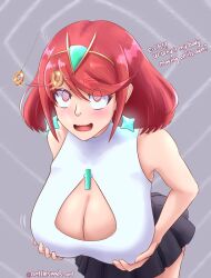  aware body_control breast_grab breasts cleavage cleavage_cutout confused earrings femsub nettleseeds nintendo open_mouth pendulum pyra_(xenoblade) red_eyes red_hair short_hair spiral_eyes symbol_in_eyes tagme text xenoblade_chronicles xenoblade_chronicles_2 
