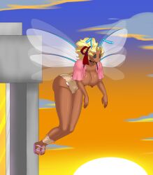  antenna bee_girl black_sclera blonde_hair bluebullpen breast_expansion choker curly_hair dark_skin erect_nipples expressionless femsub hair_ribbon hourglass_figure long_hair mihoshi_kuramitsu sandals short_shorts story suspenders tenchi_muyo! tenchi_universe topless torn_clothes transformation 