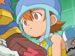 bare_shoulders corruption datamon digimon digimon_adventure empty_eyes gloves hat hitsugi_mc maledom open_mouth orange_hair shirt short_hair shorts sora_takenouchi tai_kamiya