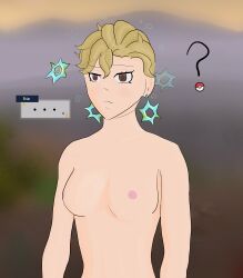  absurdres blonde_hair briar_(pokemon) brown_eyes collarbone confused confuzzled crystal dazed earrings empty_eyes expressionless nintendo nipples nude pendulum pokeball pokemon pokemon_scarlet_and_violet short_hair simple_background speech_bubble spiral spiral_eyes teacher text topless white_skin 