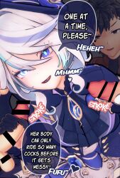3d blue_eyes breasts censored character_request dialogue english_text eyebrows_visible_through_hair femsub furina_(genshin_impact) genshin_impact group_sex handjob hat heart kpoo maledom mind_break penis possession sex speech_bubble text white_hair