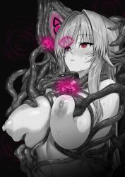  bangs bin_kan_argento black_background blush breast_grab control_indicator empty_eyes expressionless female_only femsub greyscale hypnotic_tentacle long_hair monster navel nipples nude orange_eyes original pink_eyes simple_background solo sweat tentacles 