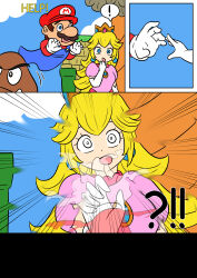  accidental_hypnosis blonde_hair blue_eyes comic confused crown dress earrings english_text femsub ghost gloves goomba looking_at_viewer maledom mario mustache nintendo open_mouth possession princess princess_peach super_mario_bros. super_mario_bros._wonder surprised text unhappy_trance vel 