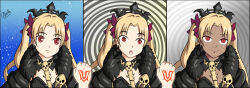  absurdres alerith before_and_after blonde_hair command_seal dark_skin empty_eyes ereshkigal_(fate/grand_order) eyebrows_visible_through_hair fate/grand_order fate_(series) female_only femsub hair_ornament heavy_eyelids light_skin open_mouth red_eyes signature simple_background smile spiral_background surprised tagme twintails 