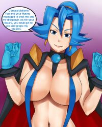  blue_eyes blue_hair breasts cape clair cleavage clothed_exposure earrings empty_eyes female_only femsub gloves happy_trance icontrol_(manipper) jewelry large_breasts manip navel nintendo pokemon pokemon_heartgold_and_soulsilver ponytail sling_bikini smile solo suspenders text ttrop 
