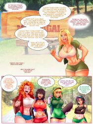 abs blonde_hair brown_hair caption comic genderswap hairband hoodie large_breasts long_hair midriff purple_hair red_hair short_hair themightfenek tomboy transgender