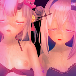  3d ayame_nakiri bare_shoulders black_background blue_hair bra cbhm clothed drool erect_nipples femsub glowing hair_buns hair_ornament heart_tattoo hololive horns kanata_amane koikatsu! multiple_girls multiple_subs nipples simple_background sweat tattoo underwear unfocused_eyes white_hair 