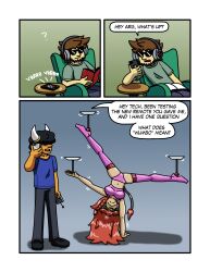 allison_(argonis) antenna argonis_(argonis) bull_boy comic cow_girl fembot femsub green_eyes happy_trance headphones high_heels horns humor latex long_hair original red_hair remote_control robotization simple_background supertechno324 supertechno324_(character) swimsuit tail tech_control thigh_boots