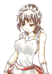 apron breasts brown_hair crystal dazed empty_eyes erect_nipples expressionless female_only femsub hypnotic_accessory large_breasts maid naked_apron necklace nell-chrome short_hair solo