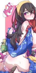  absurdres anal androgynous_dom ass bare_shoulders black_hair blush bottomless carmine_(pokemon) censored clothed_exposure eko. english_text eye_color_change femsub from_behind gloves green_skin heart long_hair looking_back malignant_chain multicolored_hair open_clothes pecharunt pokemon pokemon_(creature) pokemon_scarlet_and_violet possession purple_eyes purple_skin red_hair sideboob sinistcha sweat symbol tagme text white_eyes 