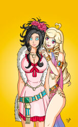 ahoge alerith alternate_costume bare_legs black_hair blonde_hair breasts character_request choker cleavage collar debora_briscoletti dragon_quest_(series) dragon_quest_v earrings eyeshadow female_only femdom femsub flower flower_in_hair happy_trance hypnotic_accessory hypnotic_clothing jewelry large_breasts legs long_hair makeup midriff original red_eyes smile spiral spiral_eyes square_enix yellow_background yuri