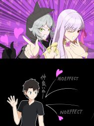  absurdres black_hair blue_eyes charm_(spell) clothed english_text failed_hypnosis fate/grand_order fate_(series) goddess green_eyes grey_hair heart hypnotic_magic japanese_text kama_(fate/grand_order) lilith_(fate/grand_order) long_hair magic nail_polish one_eye_open red_eyes ritsuka_fujimaru_(male) shirt short_hair silver_hair starzion symbol text translation_request wink 