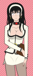  alternate_costume belt black_hair business_suit collar earrings empty_eyes expressionless femsub hair_band hy2300 large_breasts long_hair nail_polish office_lady spy_x_family suit tech_control yor_briar 