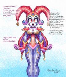 ameerashourdraws bodysuit chrono_cross clown clown_girl empty_eyes fembot femsub harle latex robotization standing standing_at_attention text