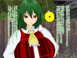 breasts coin dress_shirt green_hair large_breasts pendulum red_eyes text touhou translation_request yuuka_kazami
