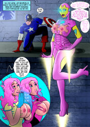  absurdres armor bimbofication breasts breasts_outside captain_america comic costume femsub iron_man jackdamonkey large_breasts marvel_comics multicolored_hair multiple_girls open_clothes pink_hair spider-man super_hero text topless transformation transgender wolverine 