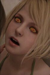 3d ads3d animated animated_gif ashley_graham blonde_hair ella_freya female_only femsub glowing_eyes nightmare_fuel open_mouth parasite red_eyes resident_evil resident_evil_4_remake resident_evil_5 short_hair solo tank_top yellow_sclera