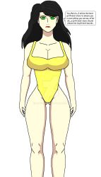 black_hair breasts doudile elizabeth_trance expressionless female_only femsub green_eyes huge_breasts lipstick long_hair looking_at_viewer metrobay_comix solo standing standing_at_attention text watermark white_background