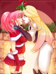 absurdres andra_(zko) blonde_hair brain_injection breasts christmas crystal_(zko) female_only femdom femsub hmage large_breasts long_hair mistletoe multicolored_hair open_mouth original pink_hair ponytail ring_eyes robot santa_costume tech_control tongue tongue_out