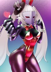  absurdres alternate_costume breasts bunny_ears bunny_girl bunnysuit clothed costume crossover cuffs femsub fishnets gradient_background hat heart honkai_star_rail hypnotic_clothing hypnotic_mask living_costume looking_at_viewer mask persona_(series) persona_5 possession radeon shadow_bunny sparxie symbol twintails very_long_hair white_hair 