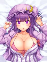  bikini_top blush breasts cleavage clothed_exposure collarbone female_only femsub hair_ornament hair_ribbon hat icontrol_(manipper) large_breasts looking_at_viewer lying manip micro_bikini on_back open_clothes open_mouth patchouli_knowledge purple_eyes purple_hair ribbon snowcanvas solo spiral_eyes symbol_in_eyes touhou undressing yuki_usagi 