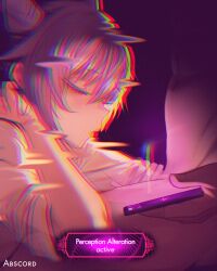 abscord altered_perception chromatic_aberration closed_eyes erection femsub hypnotic_screen keqing_(genshin_impact) maledom nude penis purple_hair tech_control