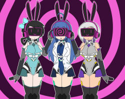  ahoge bare_shoulders blue_hair breasts cartoonzombie character_request clothed deejay_(cartoonzombie) dronification earrings femdom femsub hypnotized_dom hypnotized_hypnotist large_breasts long_hair multiple_girls multiple_subs open_mouth original robot short_hair smile spiral spiral_background tagme tech_control thighhighs thighs z-tech_(zko) 