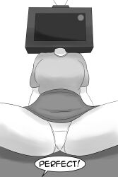  absurdres ass clefla comic dialogue expressionless femsub greyscale hard_translated helmet large_breasts maledom original panties pov_dom skirt skirt_lift speech_bubble spread_legs tech_control text translated tv unaware white_background 