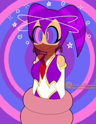  alternate_costume altrix_(altrixwrites) androgynous androgynous_sub bare_shoulders cartoonzombie choker coils costume earrings femdom happy_trance harem_outfit jester nights nights_into_dreams non-binary non-binary_sub original restrained smile spiral spiral_background spiral_eyes symbol veil 