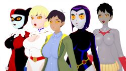 batman_(series) batman_the_animated_series batwoman black_eyes blonde_hair cleavage dark_skin dc_comics expressionless gloves harley_quinn jester justice_league_unlimited kathy_duquesne koikatsu! large_breasts latex leotard light_skin lois_lane my_adventures_with_superman orange_eyes pale_skin power_girl purple_hair raven red_eyes rng_(manipper) short_hair teen_titans