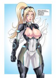  absurdres blonde_hair bodysuit border breasts breasts_outside dialogue english_text erect_nipples femsub gauntlets gloves glowing goggles goggles_on_head heroes_of_the_storm large_breasts long_hair navel nipples nova_(starcraft) ponytail shoulder_pads sigfried028 simple_background speech_bubble starcraft tech_control text tight_clothing watermark whitewash_eyes 