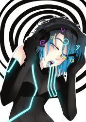  absurdres artist_request blue_hair blue_lipstick bra drool female_only femsub headphones heart kaa_eyes lipstick multicolored_hair open_mouth see-through spiral spiral_background symbol_in_eyes tagme 