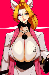  absurdres alecto animal_ears black_sclera bleach blood blue_eyes body_writing breasts choker cleavage corruption earrings enemy_conversion fake_animal_ears female_only femsub hollowfication huge_breasts jewelry long_hair looking_at_viewer mask mole necklace orange_hair ponytail rangiku_matsumoto solo sword 