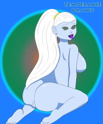 absurdres ahegao ass blue_skin bottomless breasts dragon_ball dragon_ball_super eye_roll female_only femsub happy_trance large_breasts long_hair nude open_mouth ponytail purple_lipstick pussy ring_eyes smile solo sweat temperancedraws tongue tongue_out topless vados white_hair