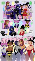  alien_girl ass belt black_eyes black_hair blue_eyes bow bow_tie breast_expansion breasts brown_eyes bumblebee_(teen_titans) bunny_ears bunny_girl bunnysuit cleavage cloak comic dc_comics dialogue donna_troy earrings easter eggs english_text female_only femsub glowing green_eyes grey_skin hair_buns jinx lasso_of_truth long_hair maledom midriff nipples orange_skin pink_eyes pink_hair polmanning ponytail purple_hair raven red_lipstick short_hair signature simple_background skirt smile speech_bubble spiral spiral_eyes starfire super_hero tail teen_titans text wonder_girl 