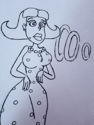 absurdres ass breasts dress earrings expressionless female_only femsub greyscale itemshoplifter jewelry jimmy_neutron_(series) judy_neutron large_breasts monochrome nickelodeon solo spiral spiral_eyes standing symbol_in_eyes