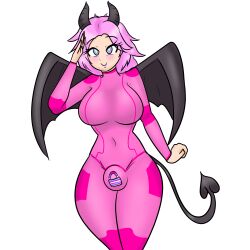 ahoge blue_eyes blush bulge demon demon_girl eyebrows_visible_through_hair female_only femsub happy_trance horns large_breasts lipstick long_hair multicolored_eyes nail_polish null_bulge original pink_eyes pink_hair ria_(vartori) ring_eyes saluting simple_background sleepy_kai smile solo spiral_eyes tail thick_thighs transfem transgender_identity white_background wide_hips wings zero_suit