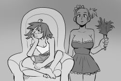ahoge bare_shoulders barefoot blush chair cleavage collarbone crossed_legs dress empty_eyes expressionless feather_duster feet female_only femdom femsub grey_background humor large_breasts legs long_hair looking_at_viewer maid maid_headdress mollyjames original ponytail shirt short_skirt shorts simple_background sitting small_breasts standing tank_top