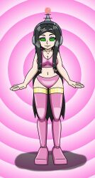  absurdres antenna black_hair breasts female_only fembot femsub happy_trance headphones hypnotic_accessory latex long_hair nintendo pokemon pokemon_x_and_y robotization smile solo spiral_eyes supertechno324 symbol_in_eyes tech_control thighhighs valerie_(pokemon) 