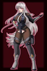  abs bangs before_and_after blush boots erect_nipples erect_nipples_under_clothes female_only fingerless_gloves gloves hand_on_hip high_heels karatina_(karatina) knee-high_boots kriegsadler large_breasts leotard lipstick looking_at_viewer opera_gloves original pantyhose red_background red_eyes see-through simple_background solo standing thighhighs very_long_hair white_hair 