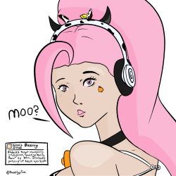 alternate_hairstyle bimbofication brain_drain breast_expansion breasts character_profile cow_girl cowbell fake_animal_ears female_only femsub gameplay_mechanics glowing glowing_eyes headphones league_of_legends long_hair open_mouth pink_eyes pink_hair ponytail rosera seraphine_(league_of_legends) solo text