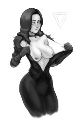 absurdres black_hair breasts breasts_outside choker dochyde drool empty_eyes femsub gloves greyscale happy_trance large_breasts long_hair magic open_clothes sketch smile the_witcher the_witcher_3 undressing yennefer_of_vengerberg