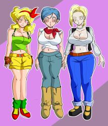  absurdres android_18 ascot bare_legs blonde_hair blue_hair boots breasts bulma_briefs cleavage clothed collarbone crop_top dragon_ball dragon_ball_z earrings femsub fingerless_gloves hair_band jeans large_breasts launch leg_warmers long_hair looking_at_viewer midriff milf multiple_girls multiple_subs navel necklace open_mouth purple_background red_eyes shirt shoes short_hair shorts simple_background somnowalkerx spiral_eyes standing symbol_in_eyes tank_top vest 