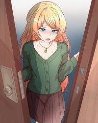 angry before_and_after blonde_hair character_request eyebrows_visible_through_hair femsub jethnoblast long_hair long_skirt looking_at_viewer original pov_dom small_breasts