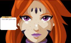  animated animated_gif body_markings corruption dragonfable expressionless femsub freckles lipstick magic makeup maledom possession purple_eyes purple_lipstick red_hair riadne_(dragonfable) screencast short_hair symbol_in_eyes video_game 