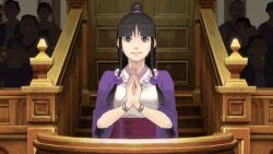  3d ace_attorney animated animated_gif athena_cykes black_hair breasts clothed dazed dialogue earrings female_only femdom femsub glowing happy_trance hypnotic_beam hypnotic_gun jewelry large_breasts legsweepboxer long_hair maya_fey memetic_control multiple_subs open_mouth raygun saluting smile source_filmmaker standing standing_at_attention tech_control text tongue 