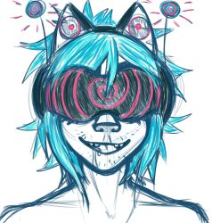 2d antenna blue_hair collarbone drool gorillaz happy_trance headphones male_only malesub open_mouth short_hair simple_background sketch smile solo spiral tankerincident tech_control visor white_background 